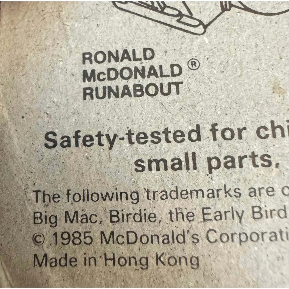 Vintage 1985 McDonald's Fast Macs Ronald McDonald Runabout Pull Back Toy Car NIB